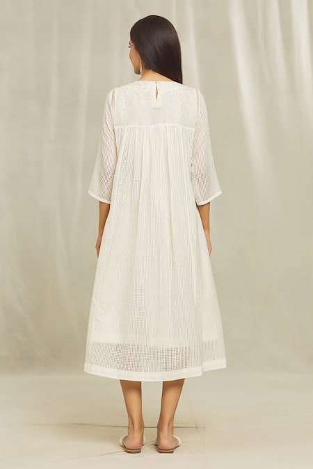 Shop Bhusattva White Cotton, Silk Embroidery Round Neck Floral Yoke Dress at Aza Fashions Shop_Bhusattva_White Cotton, Silk Embroidery Round Neck Floral Yoke Dress _at_Aza_Fashions