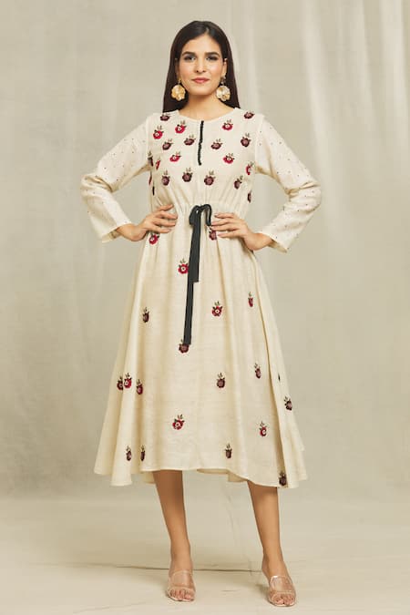 Bhusattva Floral Embroidered Front Tie Dress 