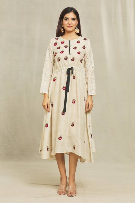 Bhusattva Beige Silk Embroidery Round Neck Floral Front Tie Dress Online at Aza Fashions Bhusattva_Beige Silk Embroidery Round Neck Floral Front Tie Dress _Online_at_Aza_Fashions