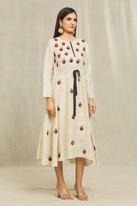 Buy Bhusattva Beige Silk Embroidery Round Neck Floral Front Tie Dress Online at Aza Fashions Buy_Bhusattva_Beige Silk Embroidery Round Neck Floral Front Tie Dress _Online_at_Aza_Fashions