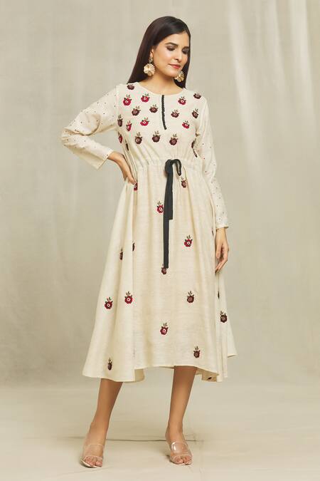 Shop Bhusattva Beige Silk Embroidery Round Neck Floral Front Tie Dress Online at Aza Fashions Shop_Bhusattva_Beige Silk Embroidery Round Neck Floral Front Tie Dress _Online_at_Aza_Fashions