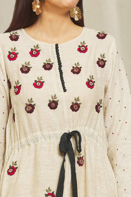 Bhusattva Beige Silk Embroidery Round Neck Floral Front Tie Dress at Aza Fashions Bhusattva_Beige Silk Embroidery Round Neck Floral Front Tie Dress _at_Aza_Fashions