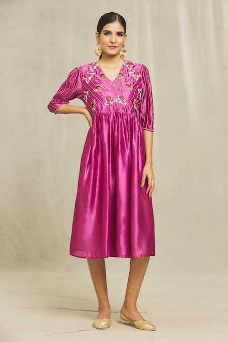 Bhusattva Floral Hand Embroidered Pleated Dress 