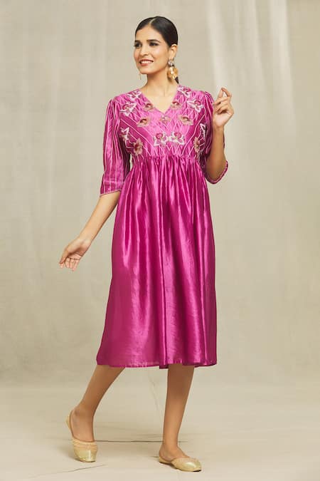 Buy Bhusattva Pink Silk Sequins, Beads, Zari V-neck Floral Hand Embroidered Pleated Dress Online at Aza Fashions Buy_Bhusattva_Pink Silk Sequins, Beads, Zari V-neck Floral Hand Embroidered Pleated Dress _Online_at_Aza_Fashions