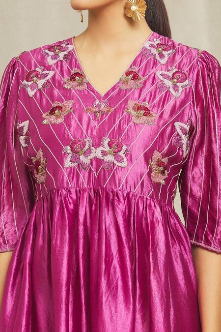Bhusattva Pink Silk Sequins, Beads, Zari V-neck Floral Hand Embroidered Pleated Dress at Aza Fashions Bhusattva_Pink Silk Sequins, Beads, Zari V-neck Floral Hand Embroidered Pleated Dress _at_Aza_Fashions