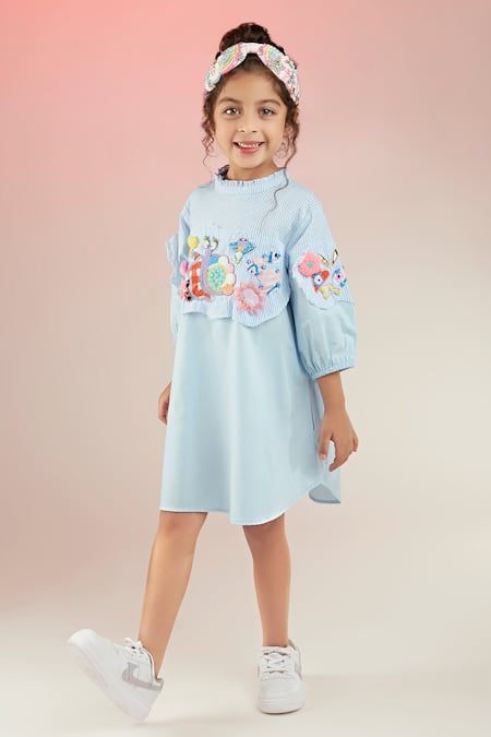 Joey & Pooh Blue Cotton Hand Embroidery Whimsical Animals Dress 