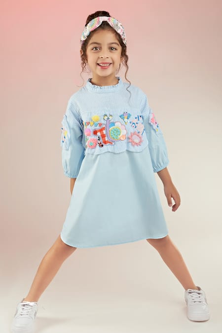 Joey & Pooh Blue Cotton Sequins, Beads Whimsical Hand Embroidered Dress Online at Aza Fashions Joey & Pooh_Blue Cotton Sequins, Beads Whimsical Hand Embroidered Dress _Online_at_Aza_Fashions