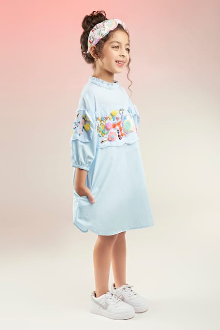 Buy Joey & Pooh Blue Cotton Sequins, Beads Whimsical Hand Embroidered Dress Online at Aza Fashions Buy_Joey & Pooh_Blue Cotton Sequins, Beads Whimsical Hand Embroidered Dress _Online_at_Aza_Fashions