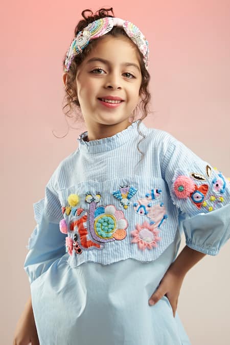 Shop Joey & Pooh Blue Cotton Sequins, Beads Whimsical Hand Embroidered Dress Online at Aza Fashions Shop_Joey & Pooh_Blue Cotton Sequins, Beads Whimsical Hand Embroidered Dress _Online_at_Aza_Fashions