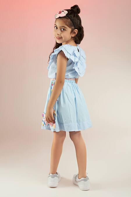 Shop Joey & Pooh Blue Cotton Beads, Embroidery, Sequins Stripe Pattern Top With Hand Skirt at Aza Fashions Shop_Joey & Pooh_Blue Cotton Beads, Embroidery, Sequins Stripe Pattern Top With Hand Skirt_at_Aza_Fashions