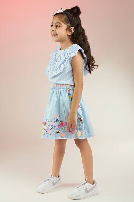 Joey & Pooh Blue Cotton Beads, Embroidery, Sequins Stripe Pattern Top With Hand Skirt Online at Aza Fashions Joey & Pooh_Blue Cotton Beads, Embroidery, Sequins Stripe Pattern Top With Hand Skirt_Online_at_Aza_Fashions