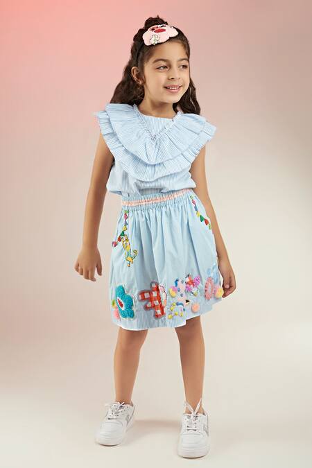 Buy Joey & Pooh Blue Cotton Beads, Embroidery, Sequins Stripe Pattern Top With Hand Skirt Online at Aza Fashions Buy_Joey & Pooh_Blue Cotton Beads, Embroidery, Sequins Stripe Pattern Top With Hand Skirt_Online_at_Aza_Fashions