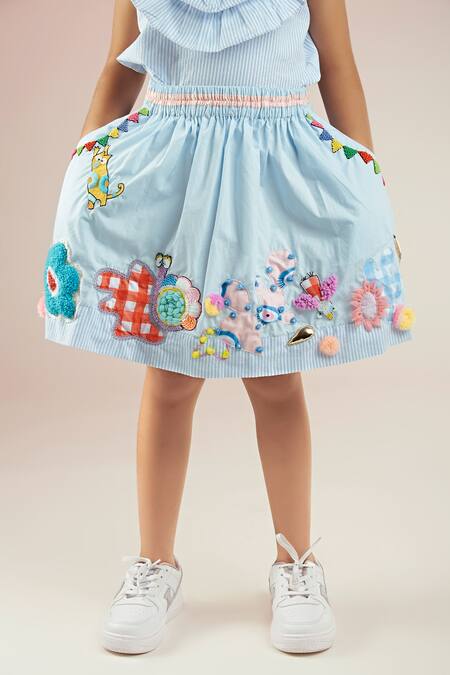 Shop Joey & Pooh Blue Cotton Beads, Embroidery, Sequins Stripe Pattern Top With Hand Skirt Online at Aza Fashions Shop_Joey & Pooh_Blue Cotton Beads, Embroidery, Sequins Stripe Pattern Top With Hand Skirt_Online_at_Aza_Fashions