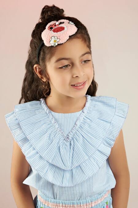 Joey & Pooh Blue Cotton Beads, Embroidery, Sequins Stripe Pattern Top With Hand Skirt at Aza Fashions Joey & Pooh_Blue Cotton Beads, Embroidery, Sequins Stripe Pattern Top With Hand Skirt_at_Aza_Fashions