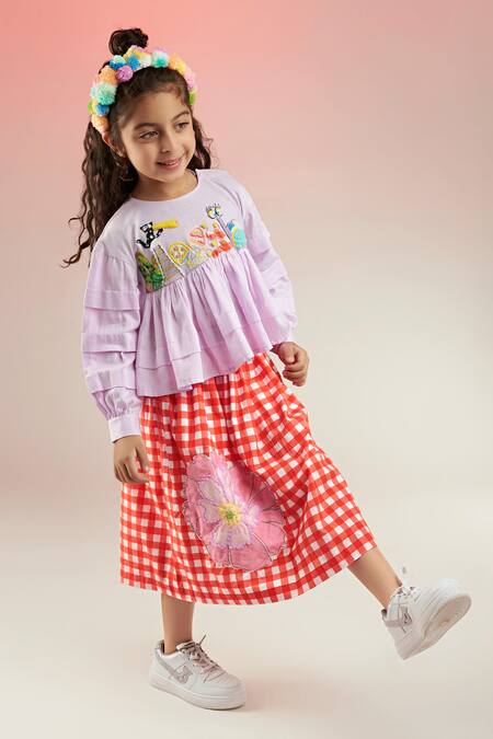 Buy_Joey & Pooh_Purple , Satin Sequins, Beads Hand Embroidered Top With Skirt_Online_at_Aza_Fashions