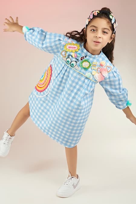 Joey & Pooh_Blue Cotton Sequins, Beads Gingham Pattern Dress _Online_at_Aza_Fashions