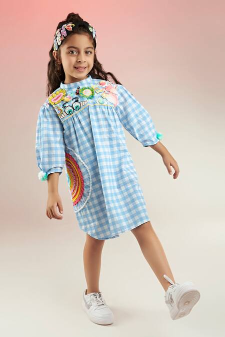 Buy_Joey & Pooh_Blue Cotton Sequins, Beads Gingham Pattern Dress _Online_at_Aza_Fashions
