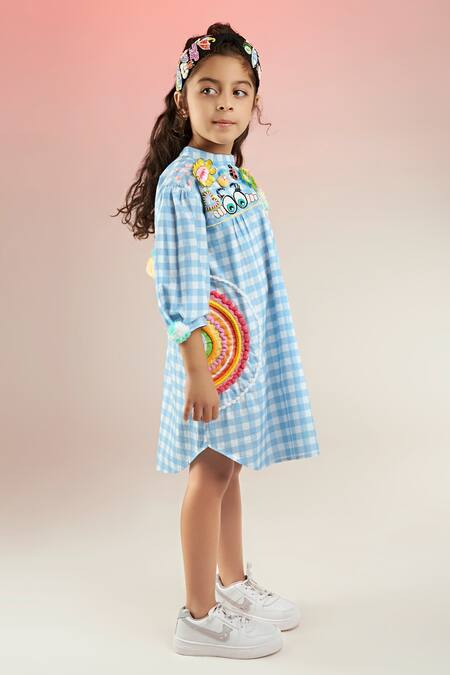 Shop_Joey & Pooh_Blue Cotton Sequins, Beads Gingham Pattern Dress _Online_at_Aza_Fashions