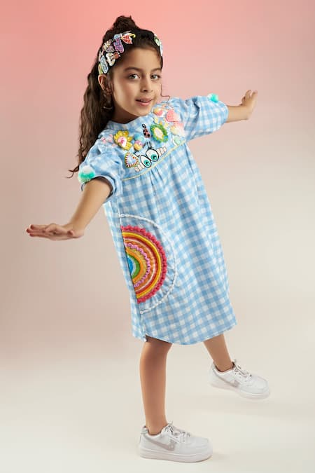 Joey & Pooh_Blue Cotton Sequins, Beads Gingham Pattern Dress _at_Aza_Fashions