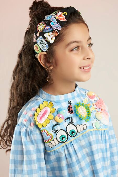 Buy_Joey & Pooh_Blue Cotton Sequins, Beads Gingham Pattern Dress 