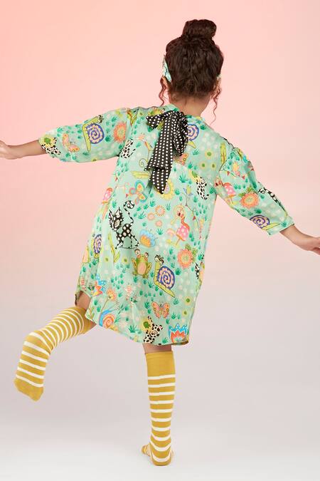 Shop Joey & Pooh Green Modal Pom-poms Whimsical Animal Print Dress at Aza Fashions Shop_Joey & Pooh_Green Modal Pom-poms Whimsical Animal Print Dress_at_Aza_Fashions