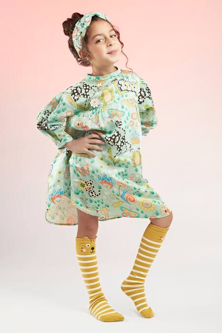 Joey & Pooh Green Modal Pom-poms Whimsical Animal Print Dress Online at Aza Fashions Joey & Pooh_Green Modal Pom-poms Whimsical Animal Print Dress_Online_at_Aza_Fashions