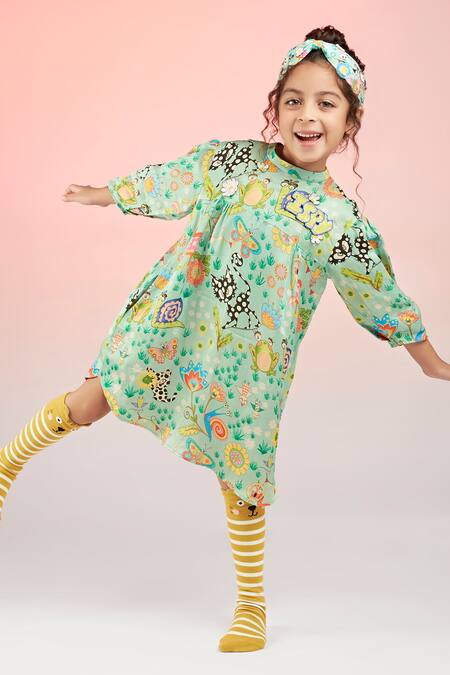 Buy Joey & Pooh Green Modal Pom-poms Whimsical Animal Print Dress Online at Aza Fashions Buy_Joey & Pooh_Green Modal Pom-poms Whimsical Animal Print Dress_Online_at_Aza_Fashions
