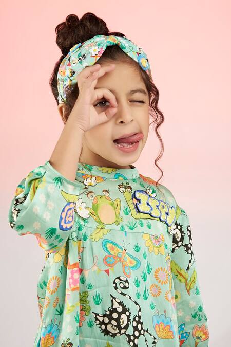 Shop Joey & Pooh Green Modal Pom-poms Whimsical Animal Print Dress Online at Aza Fashions Shop_Joey & Pooh_Green Modal Pom-poms Whimsical Animal Print Dress_Online_at_Aza_Fashions