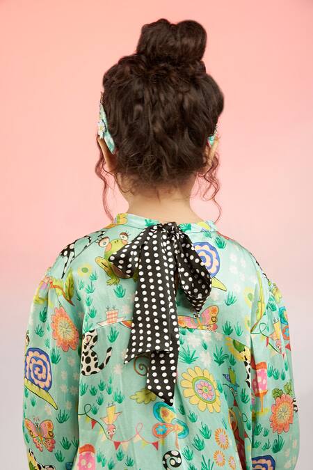 Joey & Pooh Green Modal Pom-poms Whimsical Animal Print Dress at Aza Fashions Joey & Pooh_Green Modal Pom-poms Whimsical Animal Print Dress_at_Aza_Fashions