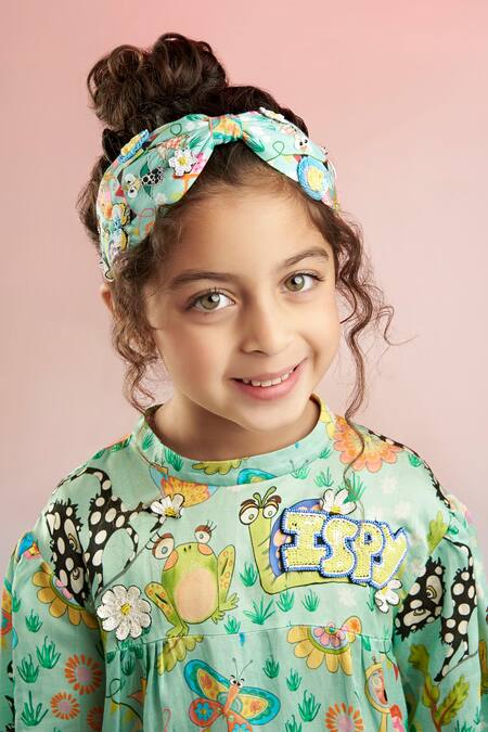 Buy Joey & Pooh Green Modal Pom-poms Whimsical Animal Print Dress Buy_Joey & Pooh_Green Modal Pom-poms Whimsical Animal Print Dress