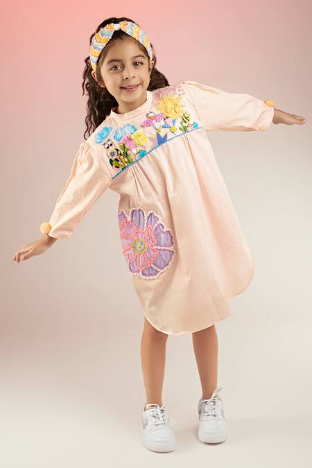 Joey & Pooh_Peach Cotton Satin Sequins Hand Embroidered Dress _Online_at_Aza_Fashions