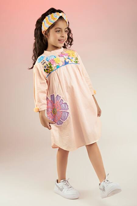 Buy_Joey & Pooh_Peach Cotton Satin Sequins Hand Embroidered Dress _Online_at_Aza_Fashions