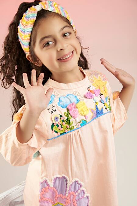 Shop_Joey & Pooh_Peach Cotton Satin Sequins Hand Embroidered Dress _Online_at_Aza_Fashions