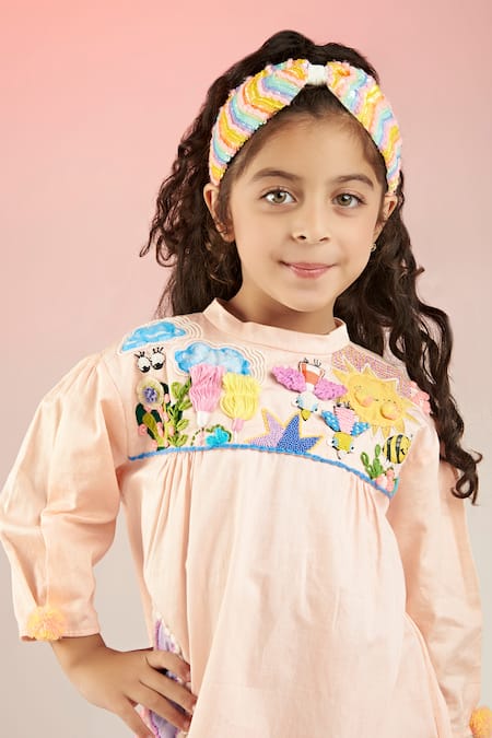 Joey & Pooh_Peach Cotton Satin Sequins Hand Embroidered Dress _at_Aza_Fashions