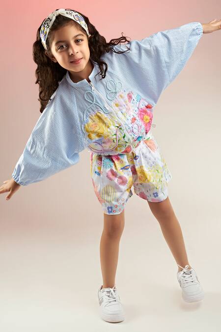 Buy_Joey & Pooh_Blue Cotton Embroidery Stripe And Floral Print Jacket With Shorts _Online_at_Aza_Fashions