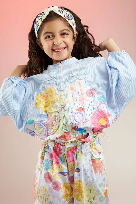 Joey & Pooh_Blue Cotton Embroidery Stripe And Floral Print Jacket With Shorts _at_Aza_Fashions