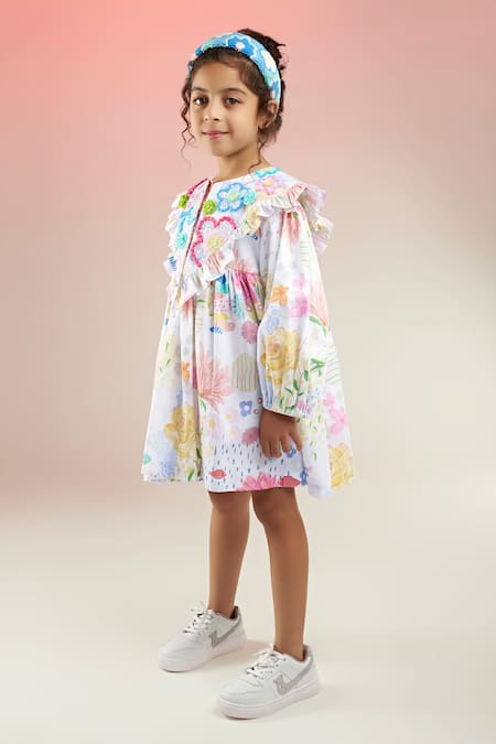 Joey & Pooh_Multi Color Cotton Satin Sequins, Embroidery Floral Vine Print Dress _Online_at_Aza_Fashions