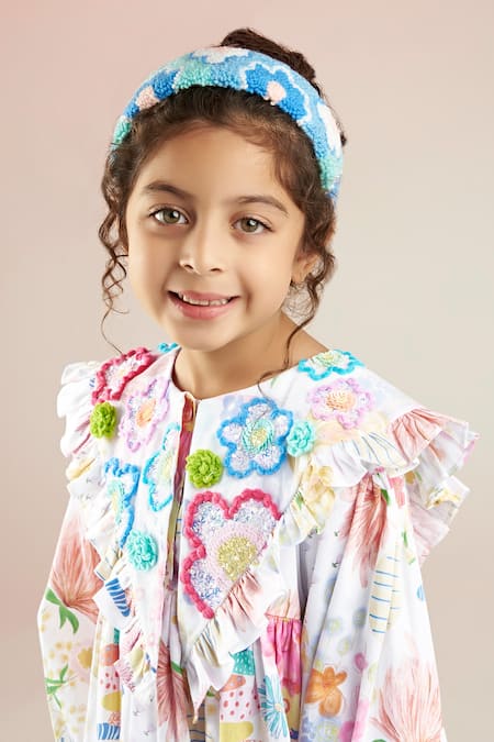 Joey & Pooh_Multi Color Cotton Satin Sequins, Embroidery Floral Vine Print Dress _at_Aza_Fashions