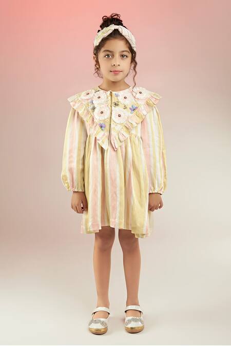 Joey & Pooh_Multi Color Modal, Satin Embroidery Placement Posies Embellished Dress _Online_at_Aza_Fashions