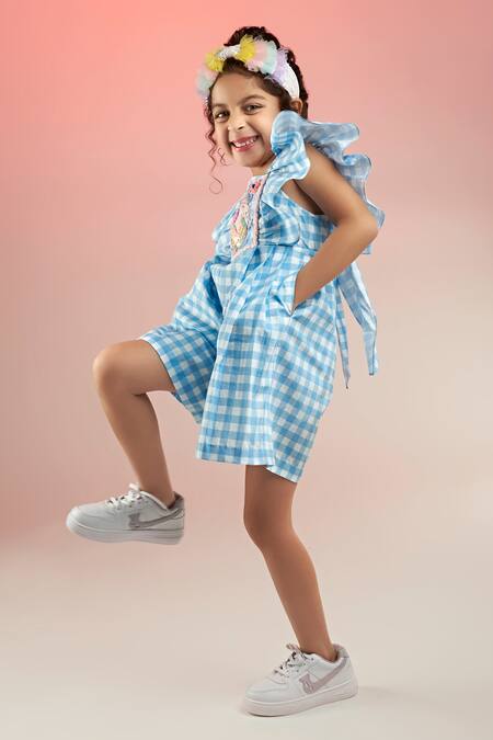 Joey & Pooh_Blue Cotton Chequered Pattern Jumpsuit _Online_at_Aza_Fashions