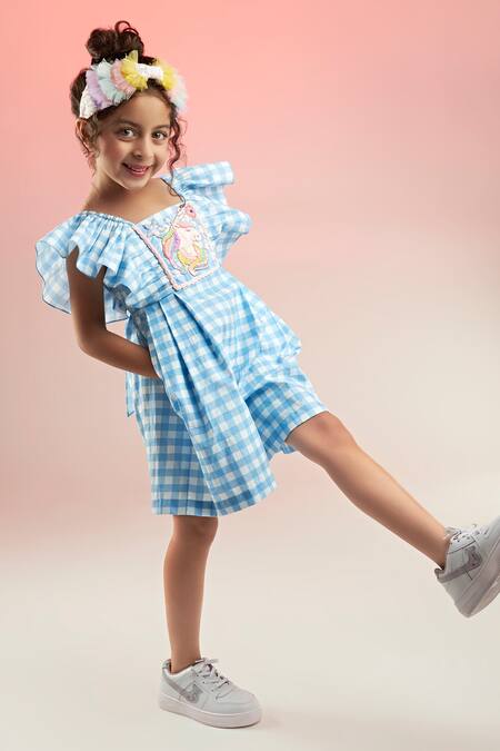 Buy_Joey & Pooh_Blue Cotton Chequered Pattern Jumpsuit _Online_at_Aza_Fashions