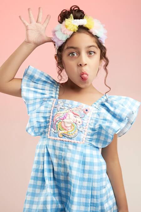 Shop_Joey & Pooh_Blue Cotton Chequered Pattern Jumpsuit _Online_at_Aza_Fashions