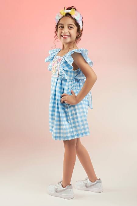 Joey & Pooh_Blue Cotton Chequered Pattern Jumpsuit _at_Aza_Fashions