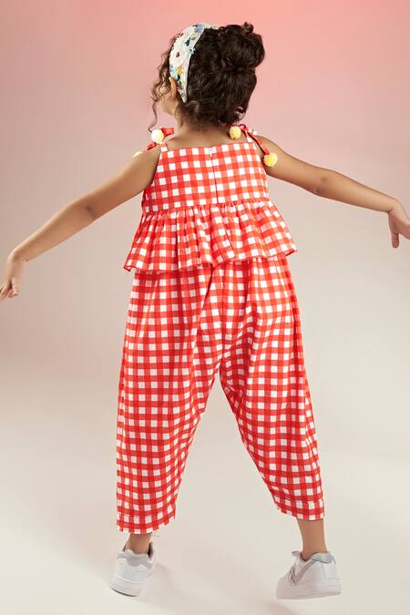 Shop Joey & Pooh Red Cotton Embroidery Chequered Pattern Jumpsuit at Aza Fashions Shop_Joey & Pooh_Red Cotton Embroidery Chequered Pattern Jumpsuit_at_Aza_Fashions