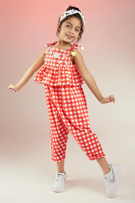 Joey & Pooh Red Cotton Embroidery Chequered Pattern Jumpsuit Online at Aza Fashions Joey & Pooh_Red Cotton Embroidery Chequered Pattern Jumpsuit_Online_at_Aza_Fashions