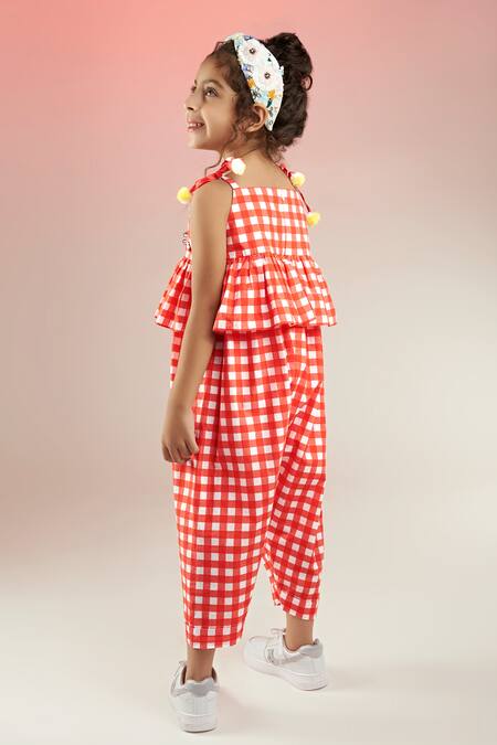 Shop Joey & Pooh Red Cotton Embroidery Chequered Pattern Jumpsuit Online at Aza Fashions Shop_Joey & Pooh_Red Cotton Embroidery Chequered Pattern Jumpsuit_Online_at_Aza_Fashions