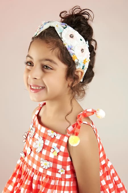 Joey & Pooh Red Cotton Embroidery Chequered Pattern Jumpsuit at Aza Fashions Joey & Pooh_Red Cotton Embroidery Chequered Pattern Jumpsuit_at_Aza_Fashions