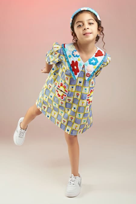 Joey & Pooh_Multi Color Cotton Satin Embroidery Flower Chequered Print Dress _Online_at_Aza_Fashions