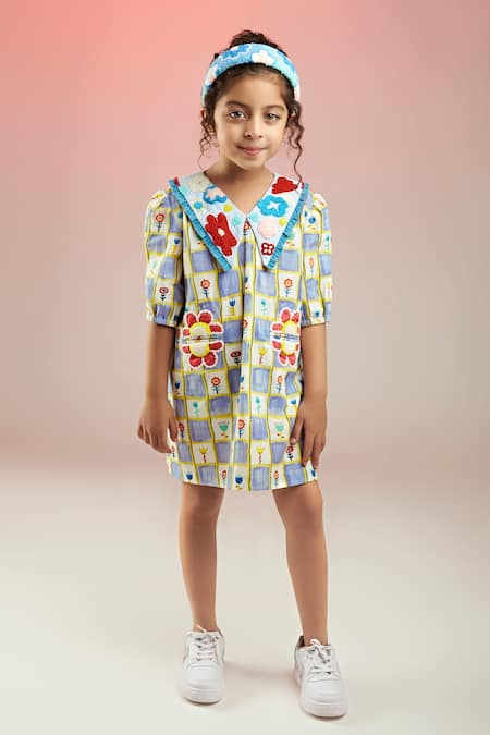 Buy_Joey & Pooh_Multi Color Cotton Satin Embroidery Flower Chequered Print Dress _Online_at_Aza_Fashions