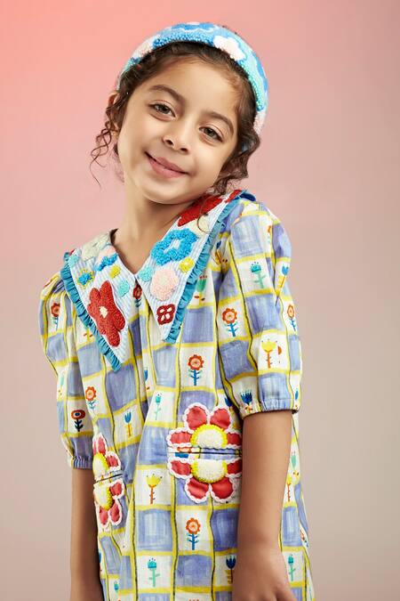 Shop_Joey & Pooh_Multi Color Cotton Satin Embroidery Flower Chequered Print Dress _Online_at_Aza_Fashions